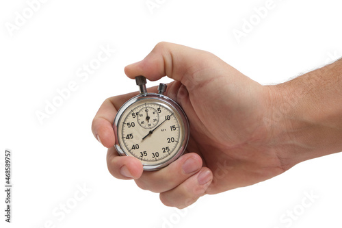 Stopwatch in man hand on white background. Sports, movement and fitness.