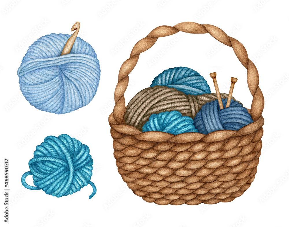 Watercolor Knitting and Crochet tools in wicker basket. Wooden Knitting  needle, Balls of Wool, Skein, Crochet hook. Hand drawn clip art, element  isolated for Knitter blog, Needlework store, Yarn shop Stock Illustration