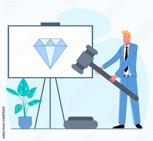 A businessman holds an auction, with a diamond lot next to it flat vector illustration