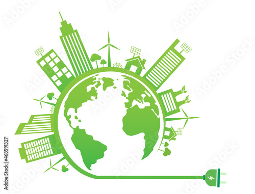 Sustainable energy development environmental and ecology on white background. Unplugging to save energy. Green building group on the earth. Vector illustration in flat design.