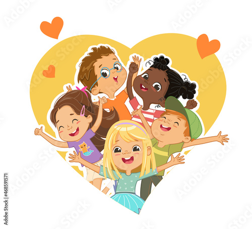 Group of multicultural children tear up the space in the shape of a heart. Children look through a hole in the shape of a heart and wave their hands. Funny cartoon character. Vector illustration.