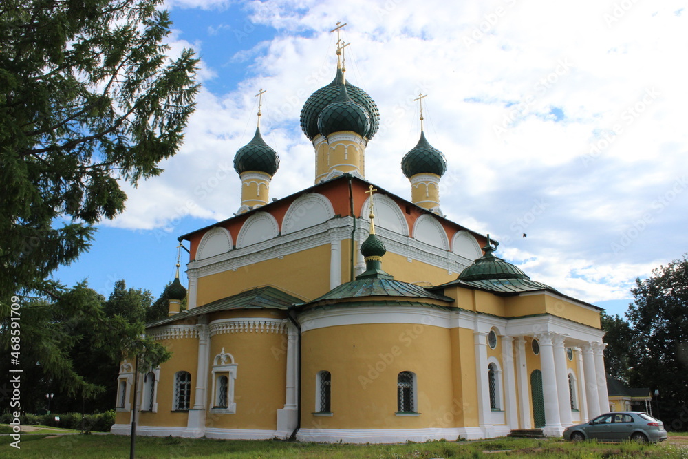 The Transfiguration Cathedral of the Pereslavl Diocese of the Russian Orthodox Church, located on the banks of the Volga River in the Uglich Kremlin