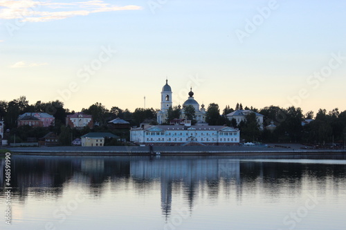 The town of Myshkin is a beautiful building on the banks of the Volga River  followed by the Cathedral of the Assumption of the Blessed Virgin Mary. View from the ship.