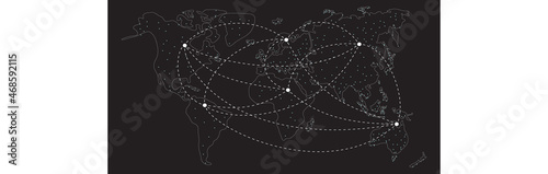 White outline world map with continents on black in banner center. Copyspace left and right. Continents centers connected by dotted lines. International logistics or 4G 5G 6G business concept.