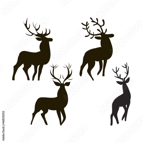 Set of four Cervus deer silhouettes in different poses. Animals with large horns. Hand drawn. Red deer males. Side view. Minimalistic style. Elk graphics for logo, label, badge, t-shirt, hunting club.