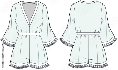 V-neck Trumpet Sleeve Playsuit With Tassel Embellishments Detail Front and Back View. fashion illustration vector, CAD, technical drawing, flat drawing.