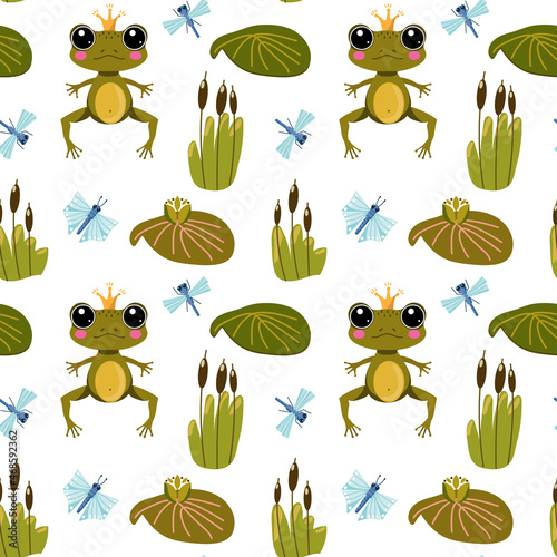 Seamless pattern with cute, cartoon princess frog coin on the pond. Vector childrens pattern. Texture for fabric, clothing, wallpaper, wrapping paper, stationery.