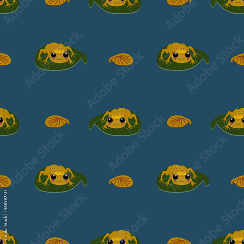 Seamless pattern with cute, cartoon frogs sitting on a water lily leaf. Vector childrens pattern. Texture for fabric, clothing, wallpaper, wrapping paper, stationery.