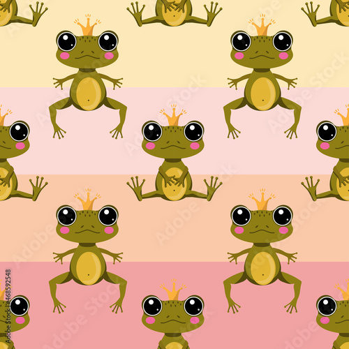 Seamless pattern with cute, cartoon princess frog on a striped background. Vector childrens pattern. Texture for fabric, clothing, wallpaper, wrapping paper, stationery.
