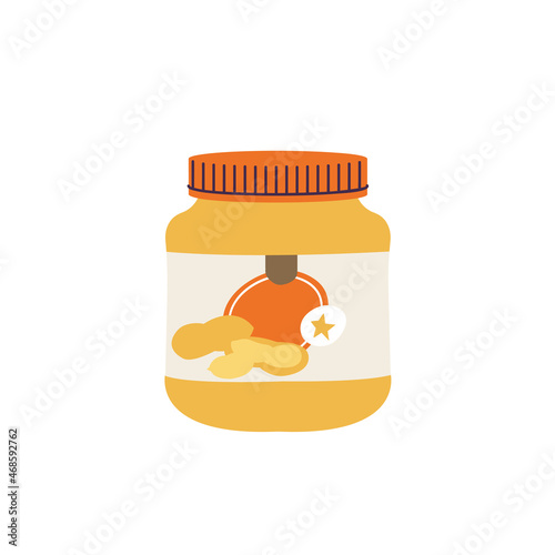 Vector illustration of peanut butter spread jar with label and peanuts in shell isolated on a white background.