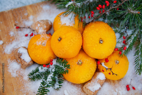 winter composition of tangerines with coniferous branches