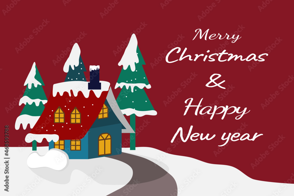 Red small home and snow in mountains, Typography greeting Merry Christmas card , snowy scene , chimney, pine trees, Holiday Web banner. Red Xmas Night banner. Vector illustration.