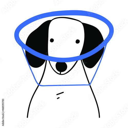 Outline icon. Dachshund wearing cone collar. Vector illustration on white background.