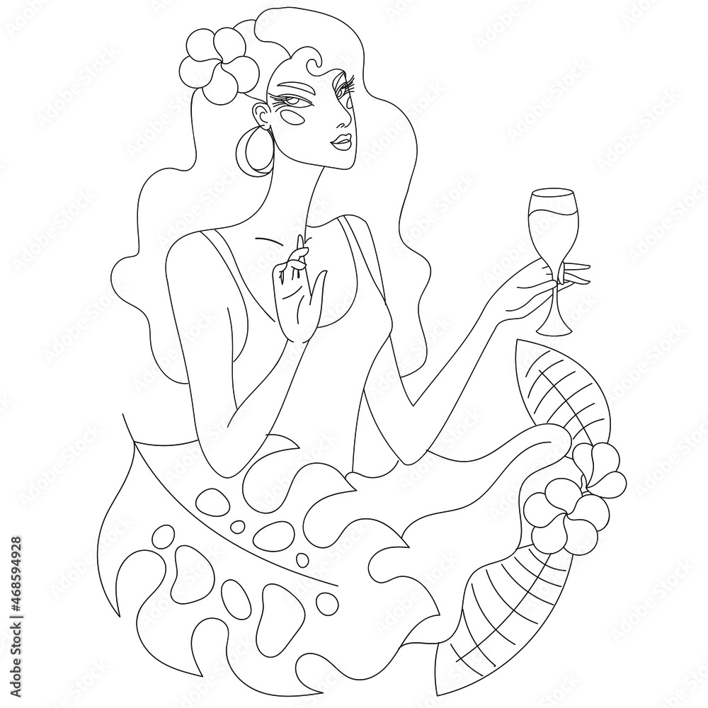 Line drawing beautiful woman relaxing on a tropical beach with a glass of champagne Line drawing beautiful woman relaxing on a tropical beach with a glass of champagne