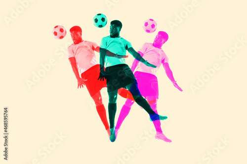 Artwork. Male soccer, football player jumping with ball with glitch duotone effect. Young sporty model and double colorful shadows