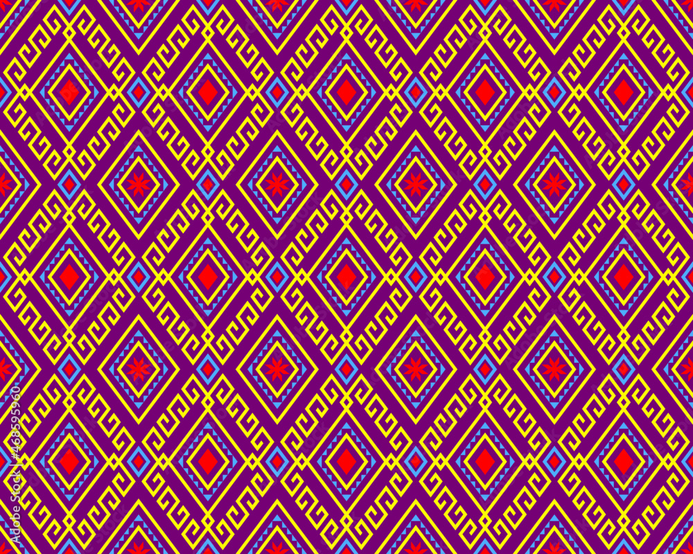 Yellow Blue Tribe or Ethnic Seamless Pattern on Purple Background in Symmetry Rhombus Geometric Bohemian Style for Clothing or Apparel,Embroidery,Fabric,Package Design