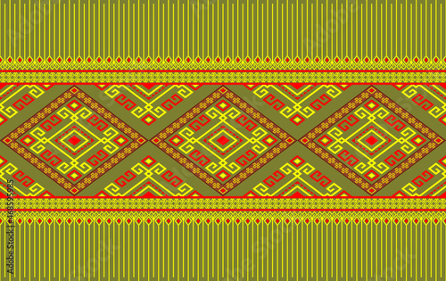 Yellow Red Native or Tribal Seamless Pattern on Green Background in Symmetry Rhombus Geometric Bohemian Style for Clothing or Apparel,Embroidery,Fabric,Package Design