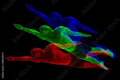 Bright artwork. Professional swimmer in action isolated on dark studio background with duotone glitch effect.