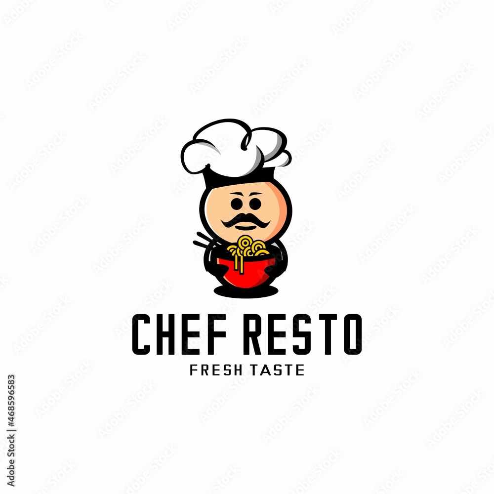 restaurant logo illustration vector, chef character carrying a bowl of noodles vector