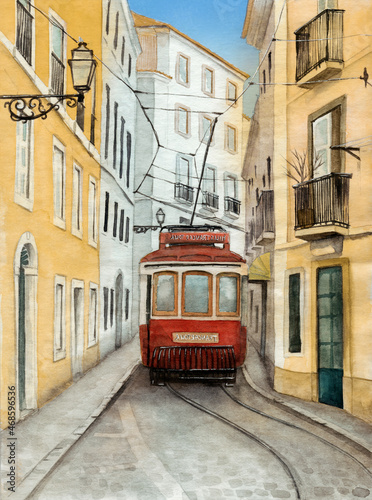 Watercolor illustration of an old town street with some houses and a red tram