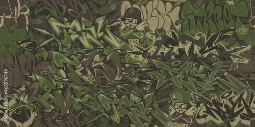 Seamless Military Abstract Khaki Texture Camouflage With Graffiti Streetart Pattern Background Vector Illustration Art