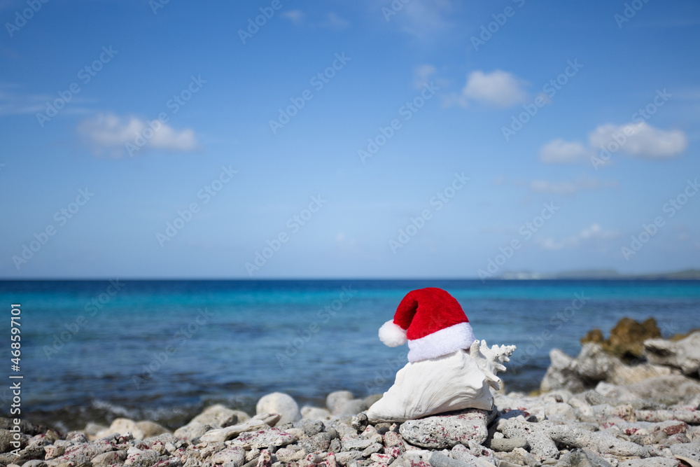 Big seashell with Christmas hat on the coral Caribbean beach. Selective focus. Big seashell with Christmas hat on the coral Caribbean beach. Selective focus.
