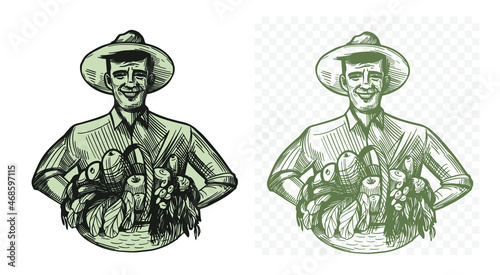 Farmer man with vegetables
Vector sketch illustration. Logo, emblem design