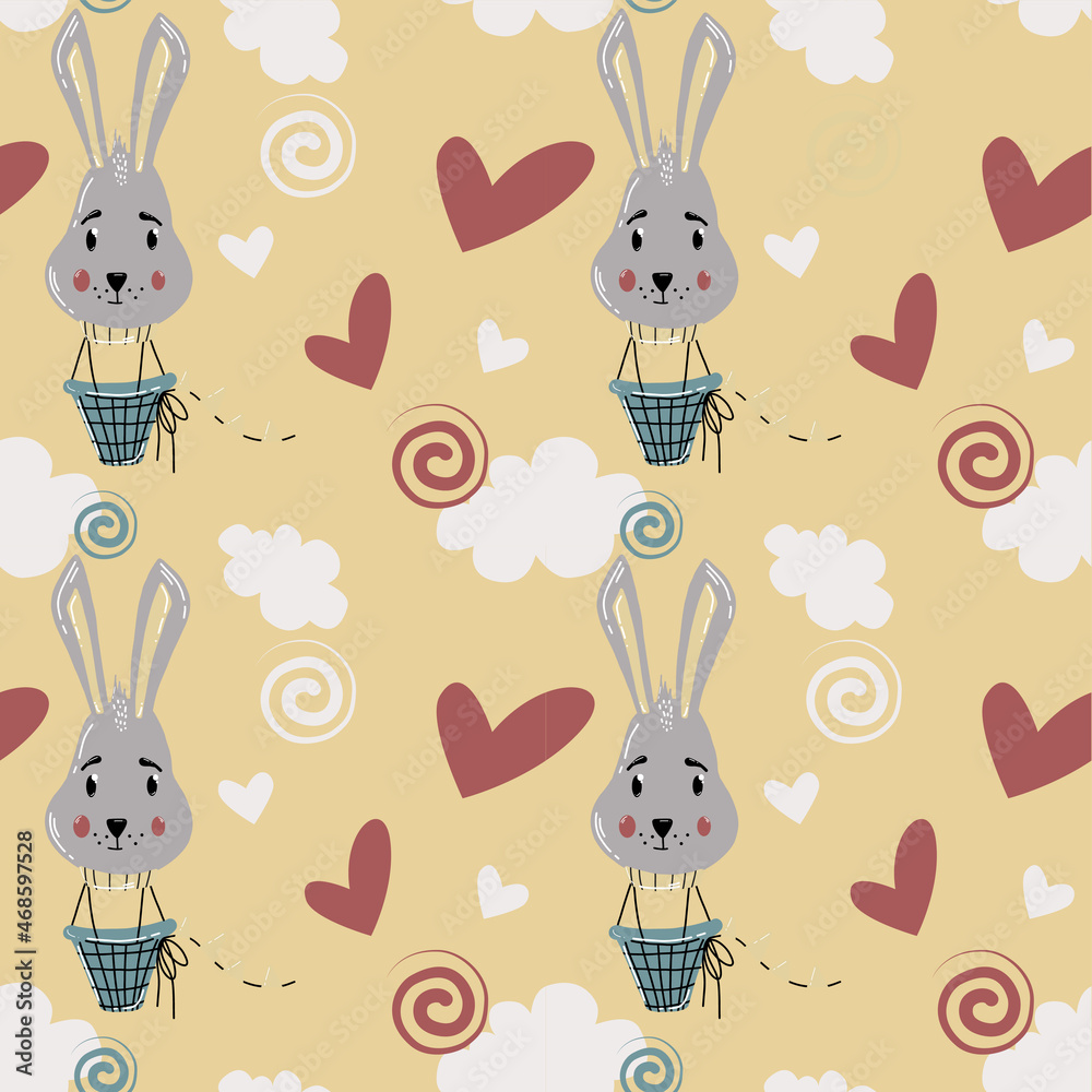 Vector skandy cute seamless pattern with rabbits balloon, clouds, heart in Scandinavian style for fabrics, paper, textile, gift wrap isolated on yellow background 