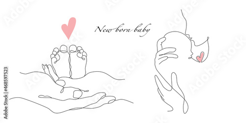 Vector one line art set of illustrations of a new born baby heels and mother holding a new born baby. Lineart family portret photo