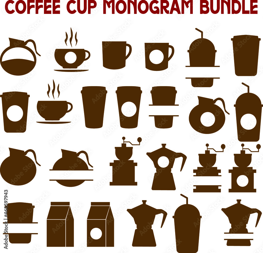 Coffee cup Set, Set of vector cups with coffee, Coffee cup logo, Coffee Monogram collection, vector outline illustration and silhouette collection