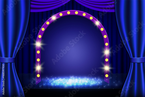 Vector Background with blue curtain and retro arch banner