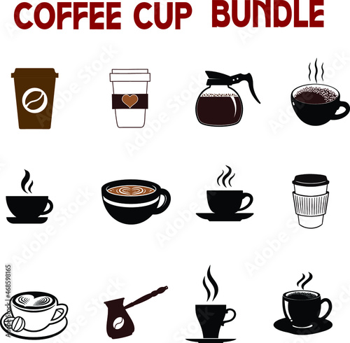 Coffee cup Set, Set of vector cups with coffee, Coffee cup logo, Coffee Monogram collection, vector outline illustration and silhouette collection