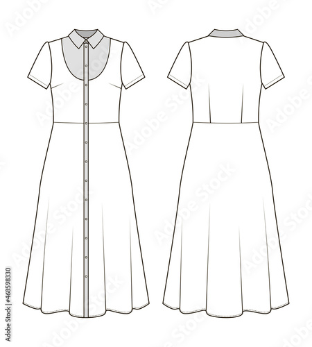Fashion technical drawing of dress with plastron and short sleeves