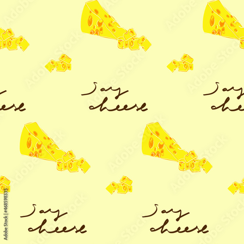 Cheese elements vector pattern illustration. Simple natural style slice of rich switzerland cheese. Dairy product. Lettering Say cheese. Be smile, be positive. Bright yellow wallpaper.