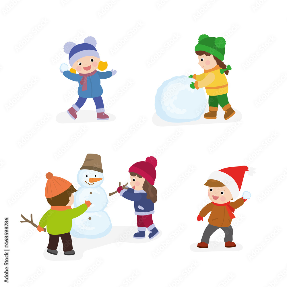 Children play different winter games. Boy and girl build snowman. Set of various kids in warm clothes Children play different winter games. Boy and girl build snowman. Set of various kids in warm clothes