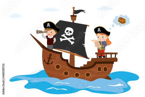 Cute kids playing pirates on ship. Wooden corsair ship at sea. Funny children sailors on sailboat. Sea adventures. Treasure hunt. Cartoon design isolated on white background. photo