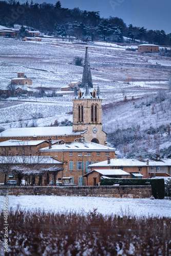 Village of Denice and landscape of Beaujolais under the snow