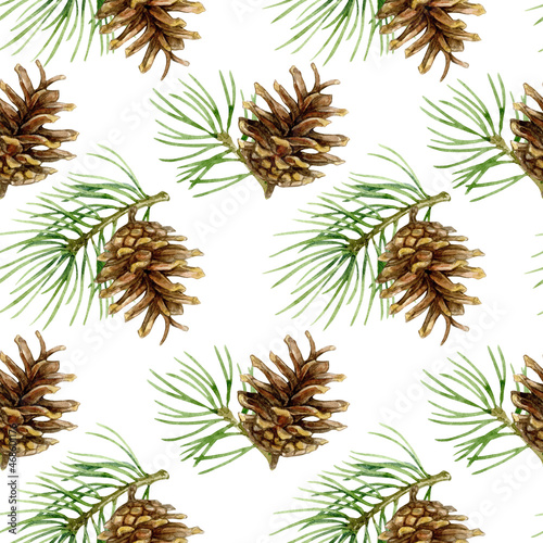 Seamless pattern with christmas branch and pine cones. Watercolor illustration isolated on white background.