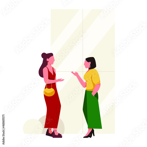 Two stylishly dressed women are talking. Flat vector illustration isolated on white background.