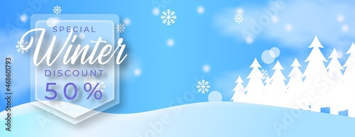 modern banner winter discount with pines tree