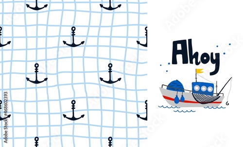 Fishing boat and anchor seamless pattern. Kids marine element on cage, sea and ocean childish collection. Boy t-shirt print or poster. Decor textile, wrapping paper wallpaper, vector print or fabric