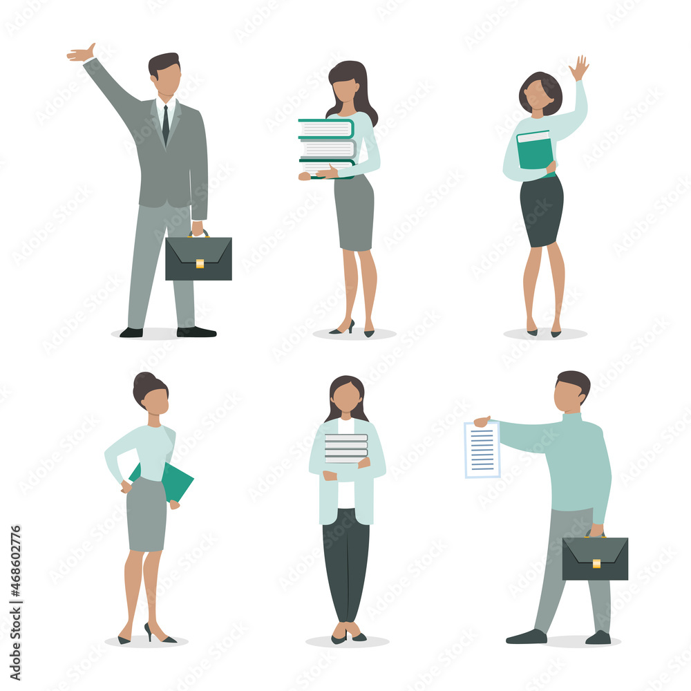 Set of office people drawn in a flat style. Illustration of business peoples with paper folders, books and documents isolated on a white background. Vector 10 EPS.