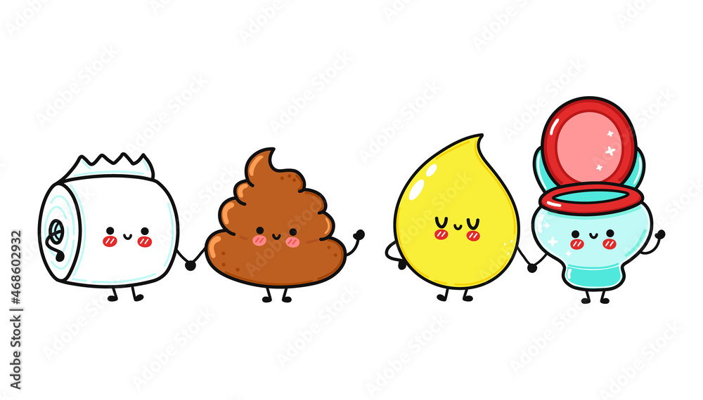 Naklejka premium Cute, funny happy turd, toilet paper, drop of urine and toilet character. Vector hand drawn cartoon kawaii characters, illustration icon. Cartoon turd, toilet paper, drop of urine and toilet friends
