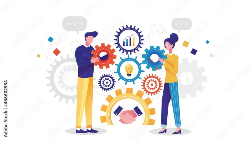 Business partners concept. Man and woman hold cog and develop strategy for achieving goals together. Teamwork of employees. Pop up elements. Handshake of entrepreneurs. Graphic animated cartoon Business partners concept. Man and woman hold cog and develop strategy for achieving goals together. Teamwork of employees. Pop up elements. Handshake of entrepreneurs. Graphic animated cartoon