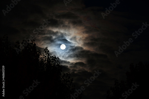 beautiful full moon surrounded by clouds, night sky and stars © Kamila