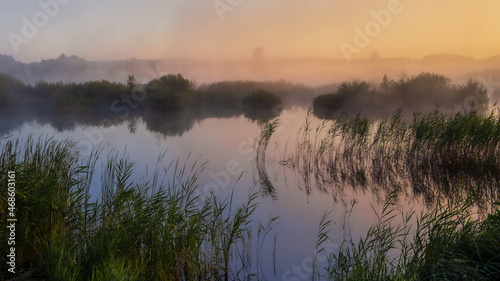 morning mist over the lake in village