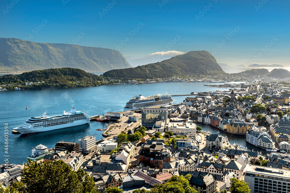 Two cruise ships in Alesund, Norway in the summer from above on an almost cloudless day