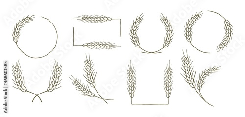 Set of round and square frames, wreaths, ears of wheat. Design for decoration. Vector illustration.