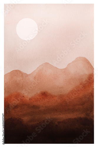 Sun and Mountains Scenery, Abstract Landscape Wall Art, Modern Background, Watercolor Painting,  Design, Minimalist Art, Digital Printable, Printable Wall Art 