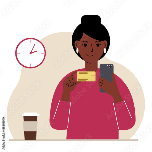 A woman with a mobile phone in her hand holds a bank card. Concept credit, deposit, payment, debit online. Vector